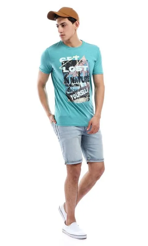 47652 Summer Random Printed Half Sleeves Teal Green T-shirt