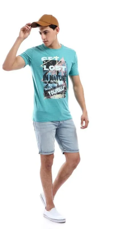 47652 Summer Random Printed Half Sleeves Teal Green T-shirt