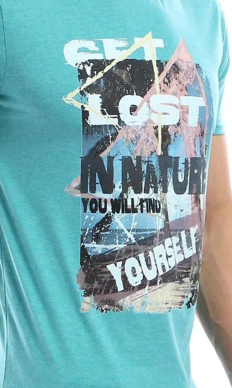 47652 Summer Random Printed Half Sleeves Teal Green T-shirt