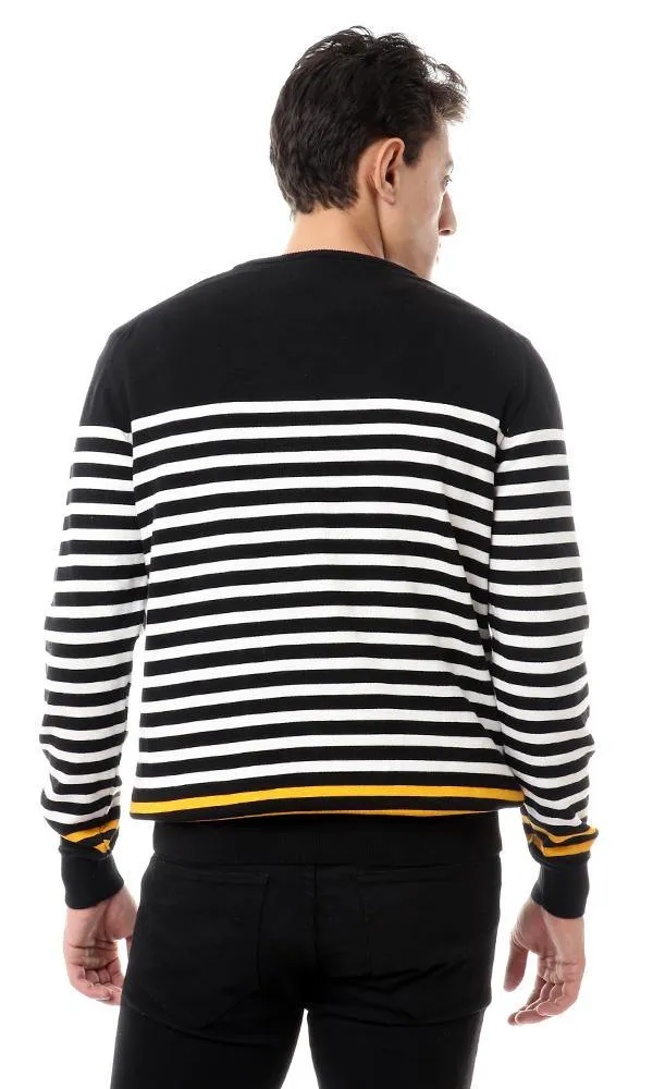 93841 Casual Striped Pullover With Hem Sleeves - Black