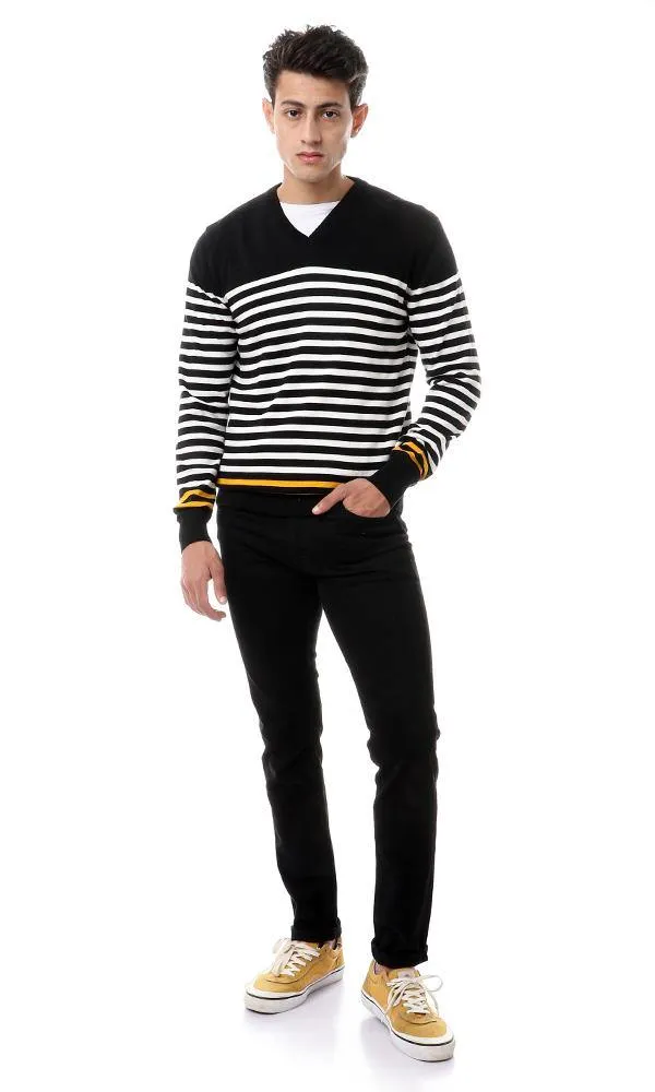 93841 Casual Striped Pullover With Hem Sleeves - Black