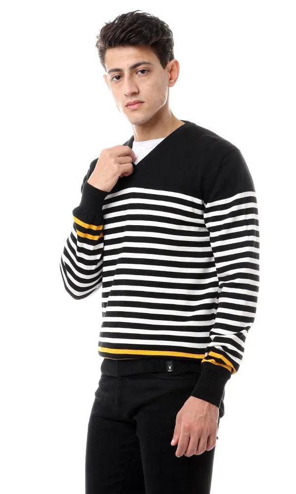 93841 Casual Striped Pullover With Hem Sleeves - Black