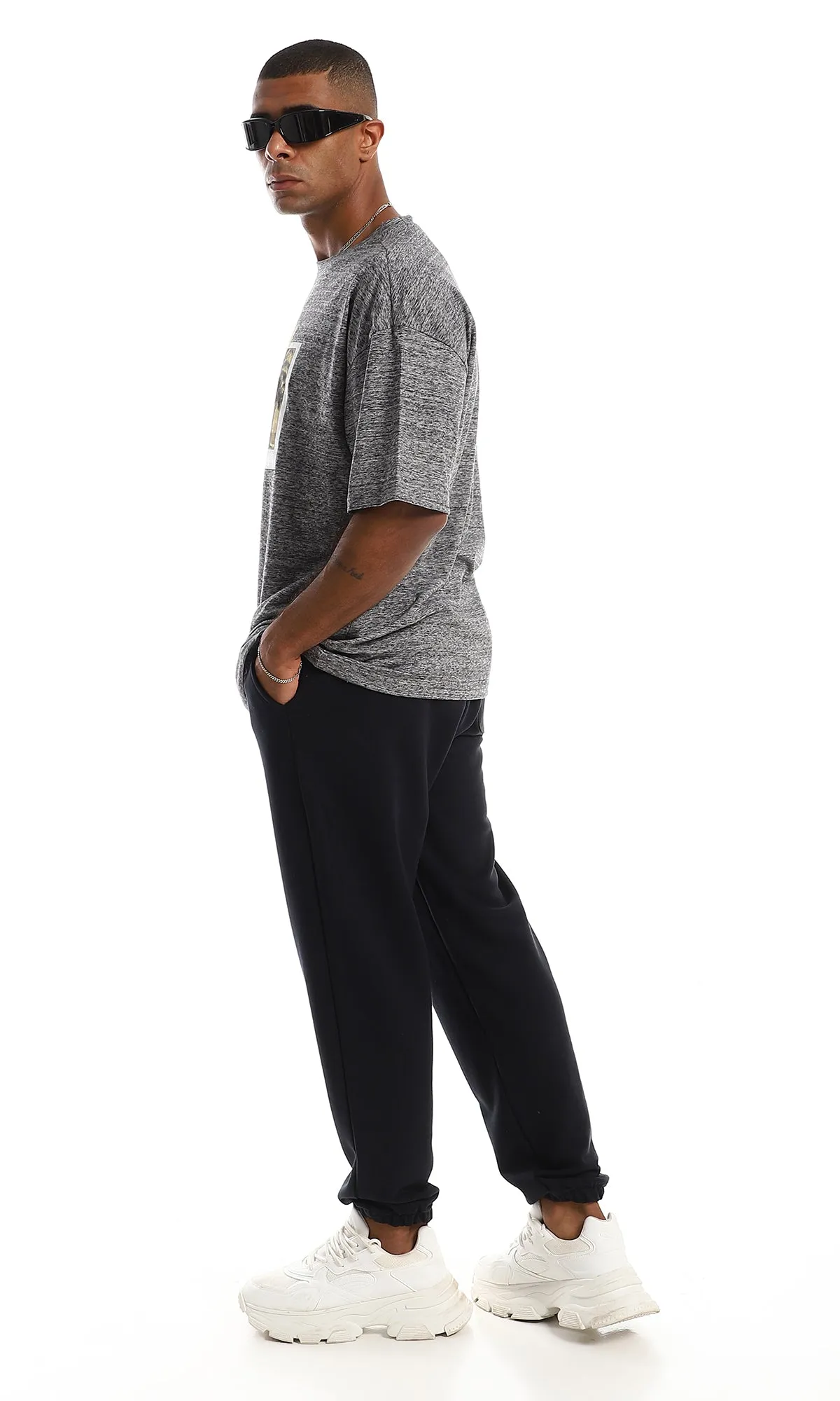 97427 Printed & Heather Cotton Regular Fit T-Shirt - Grey
