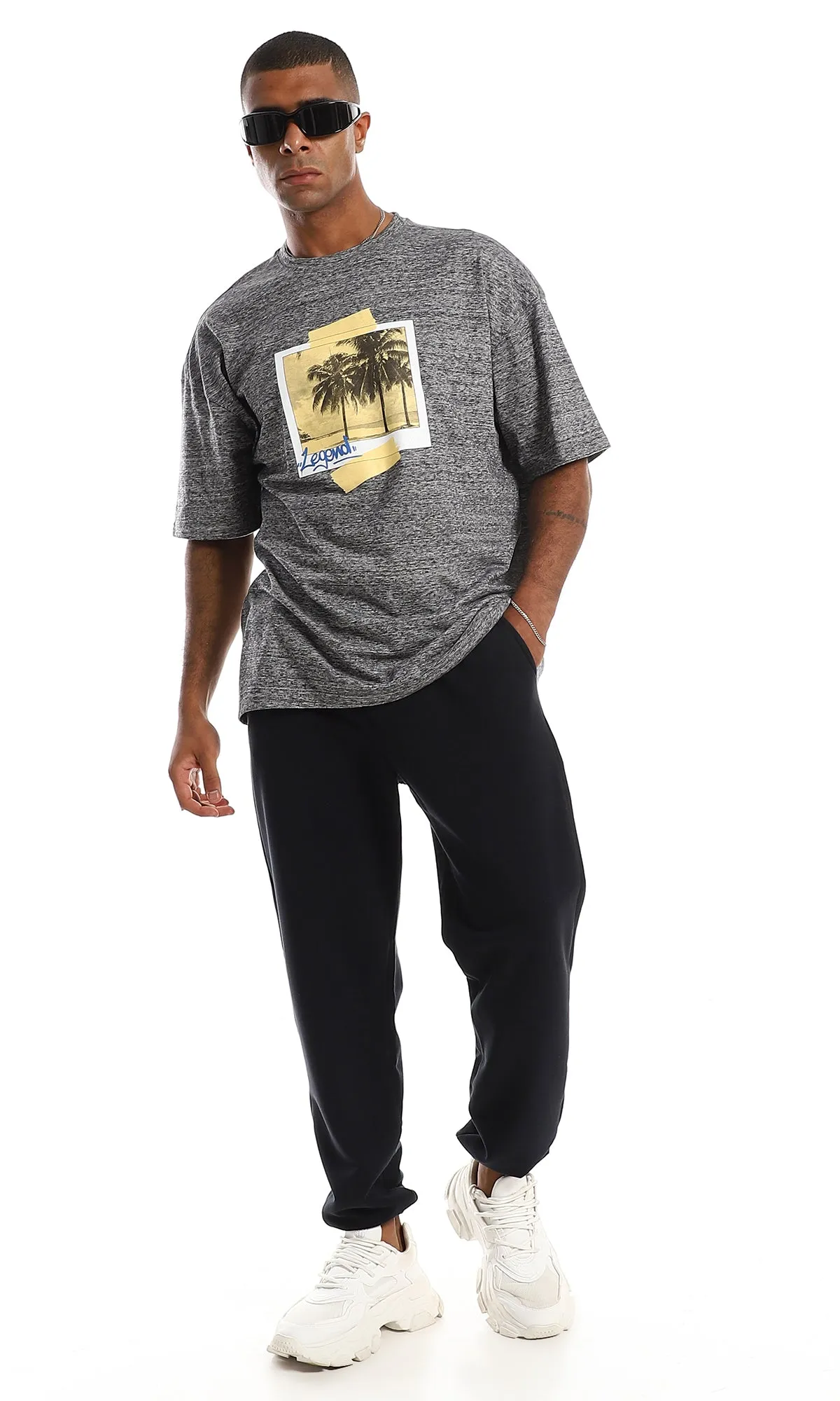 97427 Printed & Heather Cotton Regular Fit T-Shirt - Grey