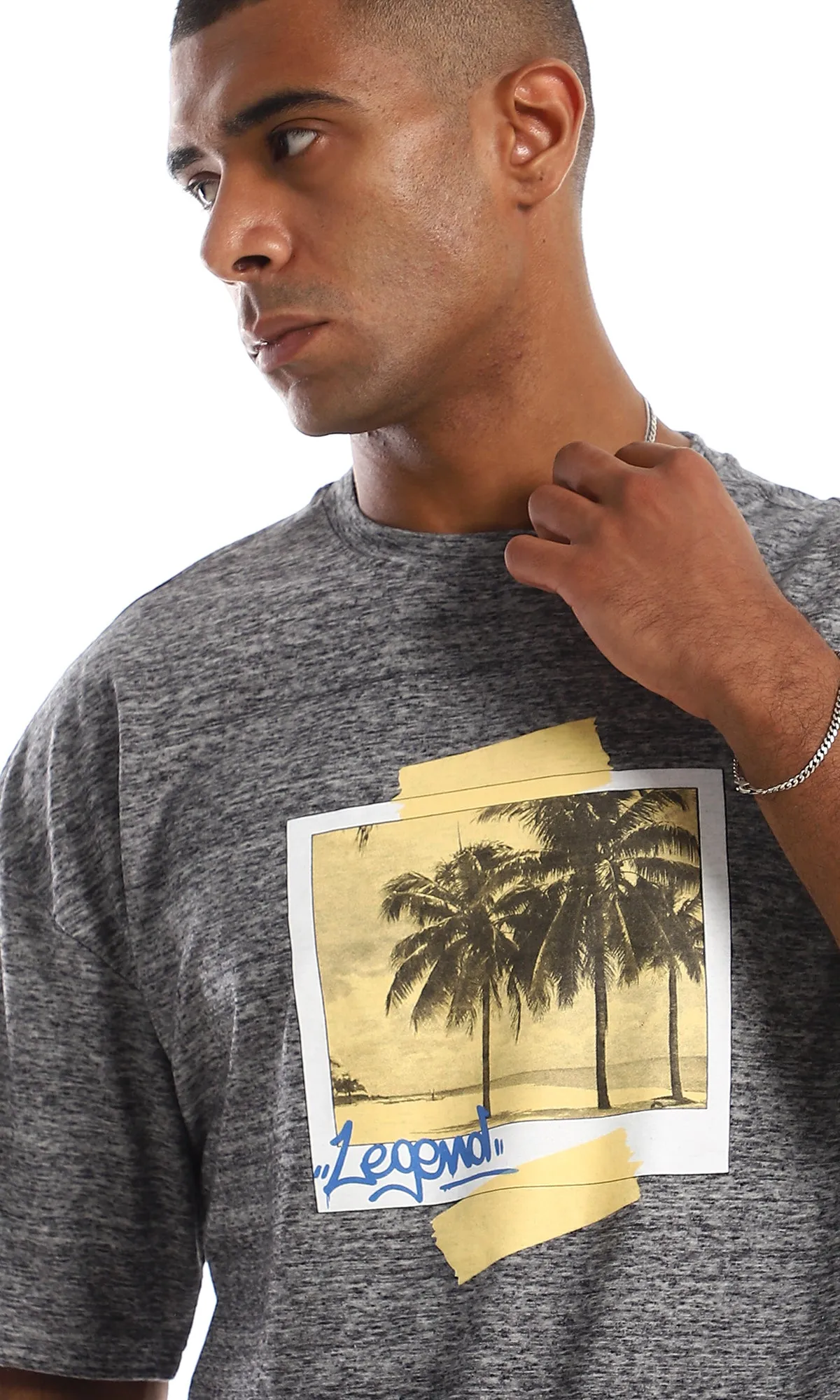 97427 Printed & Heather Cotton Regular Fit T-Shirt - Grey