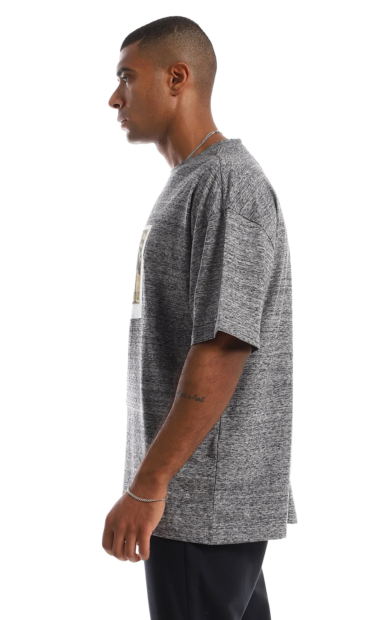 97427 Printed & Heather Cotton Regular Fit T-Shirt - Grey