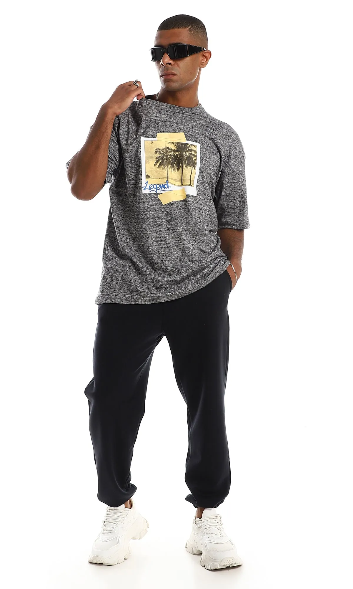 97427 Printed & Heather Cotton Regular Fit T-Shirt - Grey