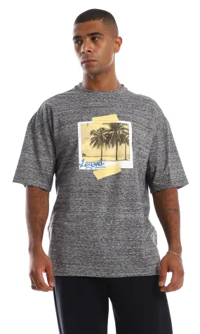 97427 Printed & Heather Cotton Regular Fit T-Shirt - Grey