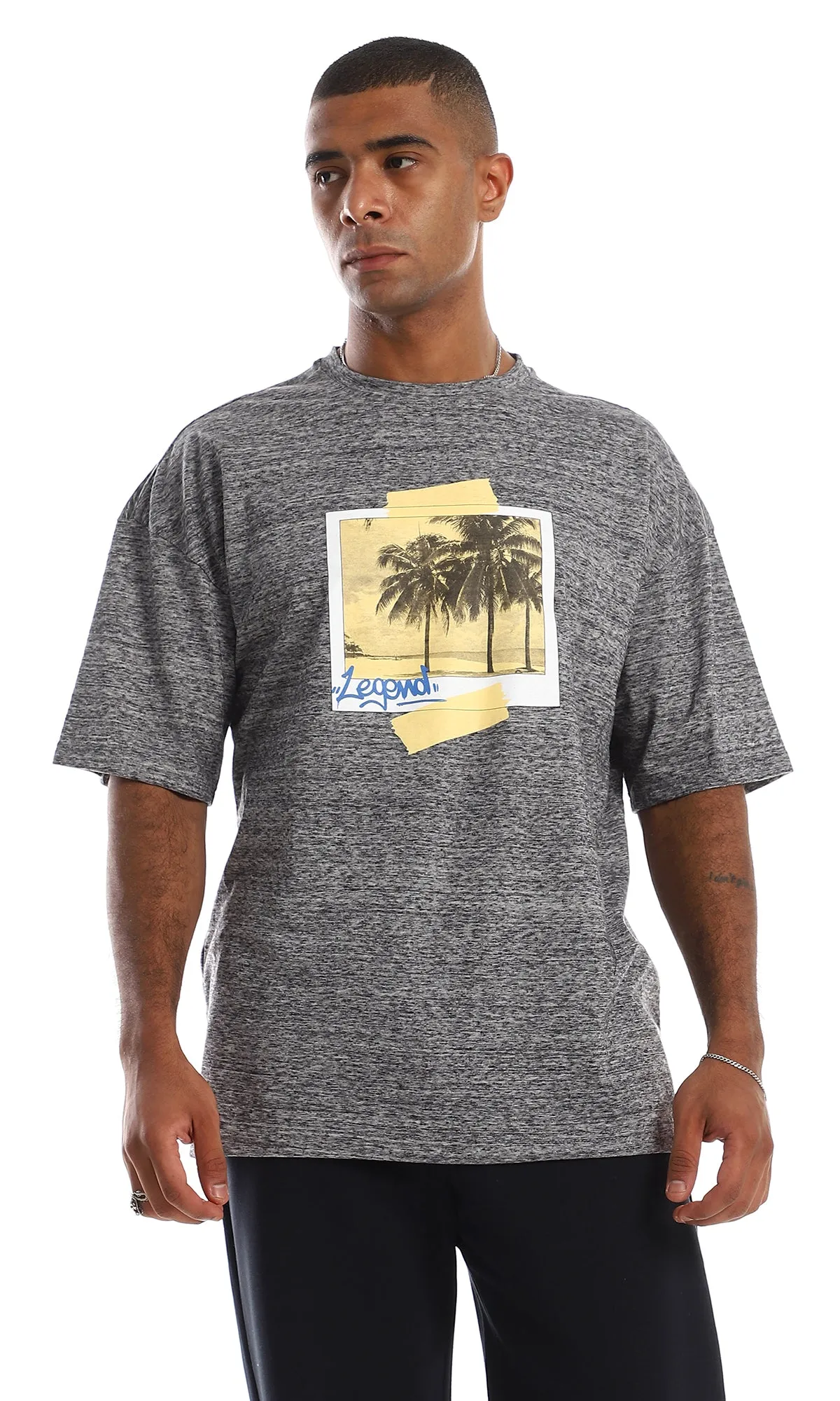 97427 Printed & Heather Cotton Regular Fit T-Shirt - Grey