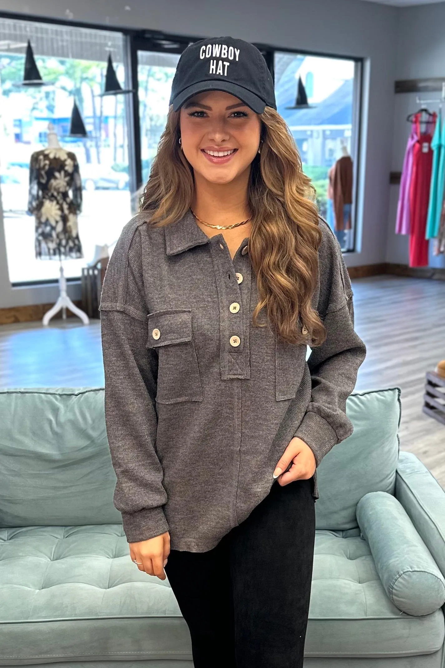 AZLEE Collard Button Down - Charcoal