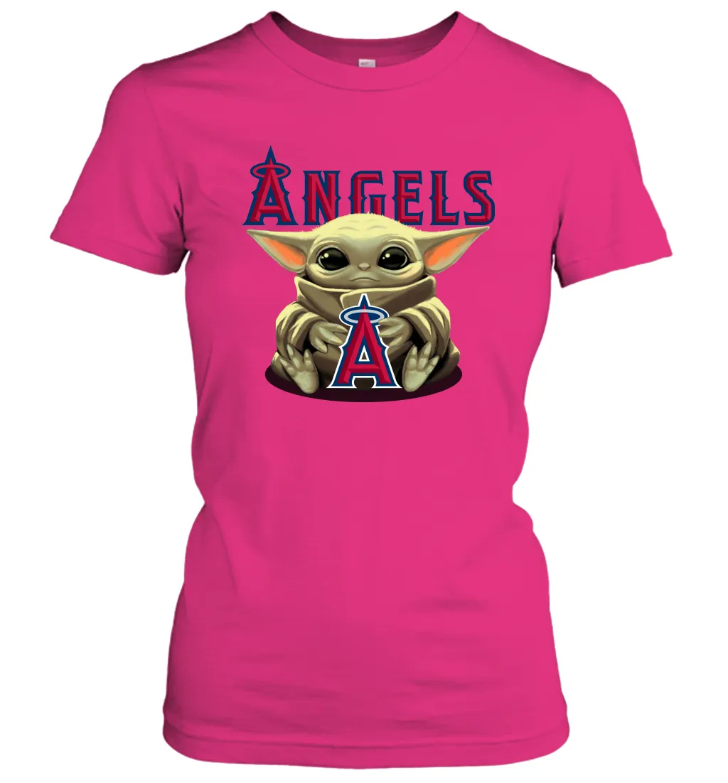 Baby Yoda Hugs Loves The Los Angeles Angels Baseball Womens T-Shirt