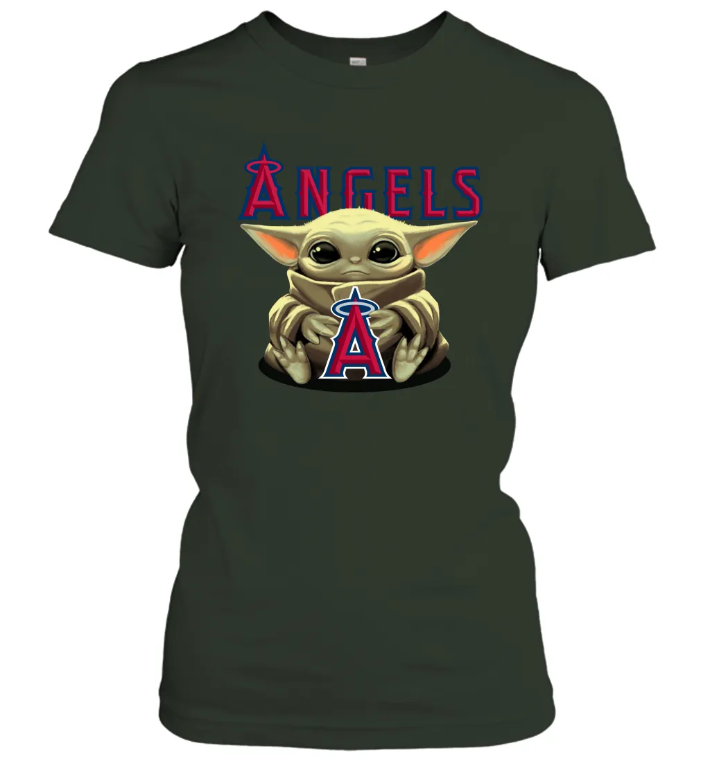 Baby Yoda Hugs Loves The Los Angeles Angels Baseball Womens T-Shirt