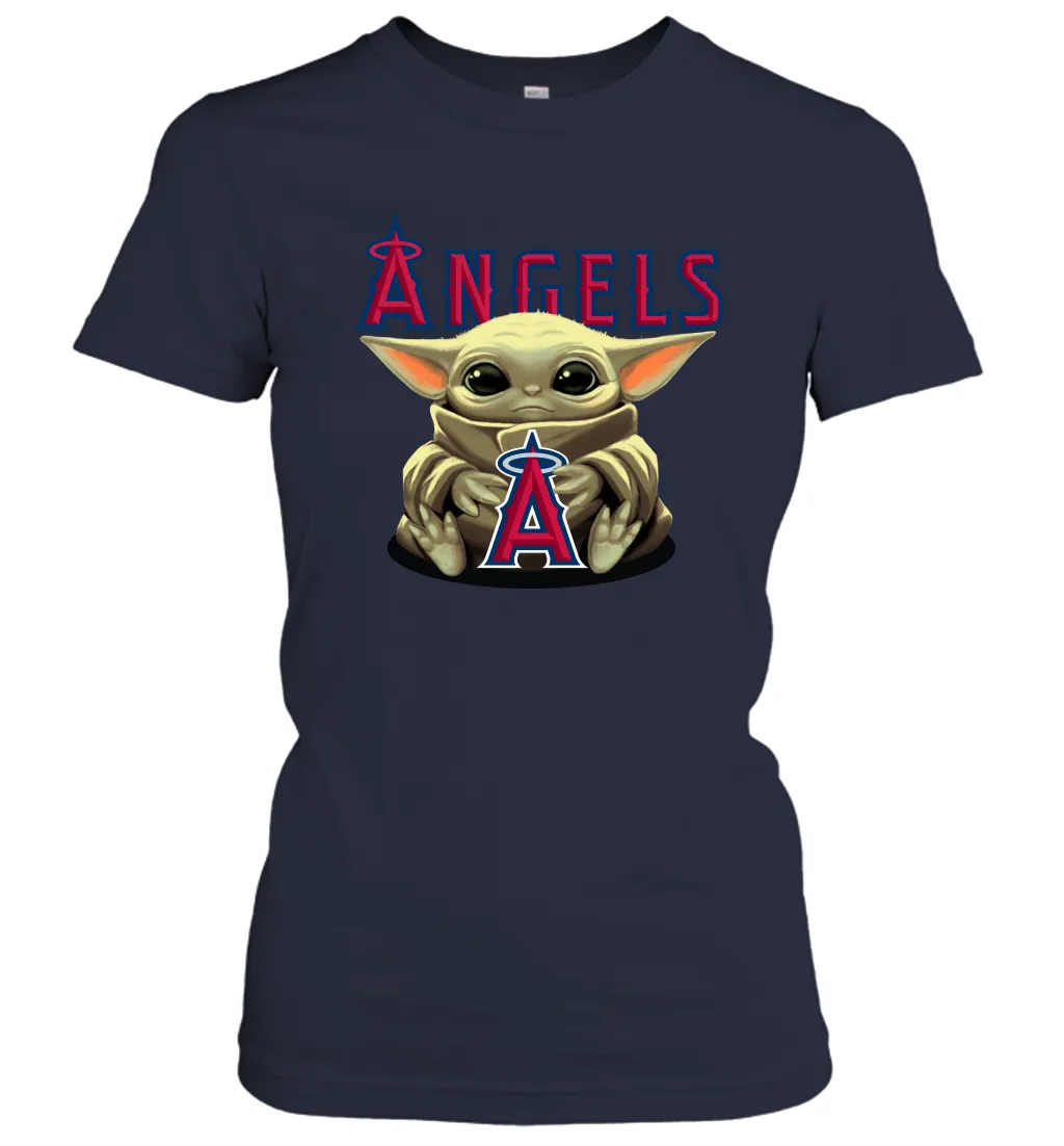 Baby Yoda Hugs Loves The Los Angeles Angels Baseball Womens T-Shirt