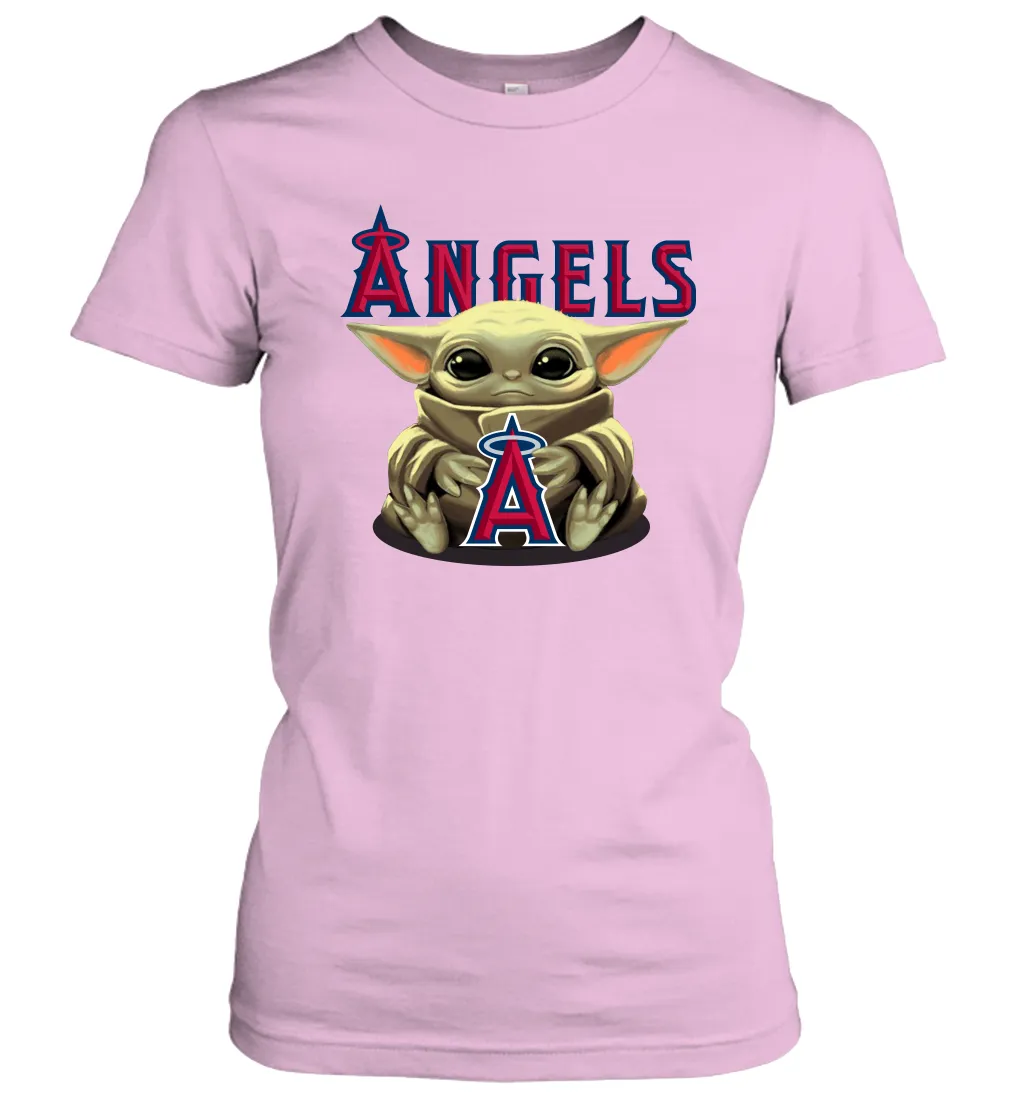 Baby Yoda Hugs Loves The Los Angeles Angels Baseball Womens T-Shirt