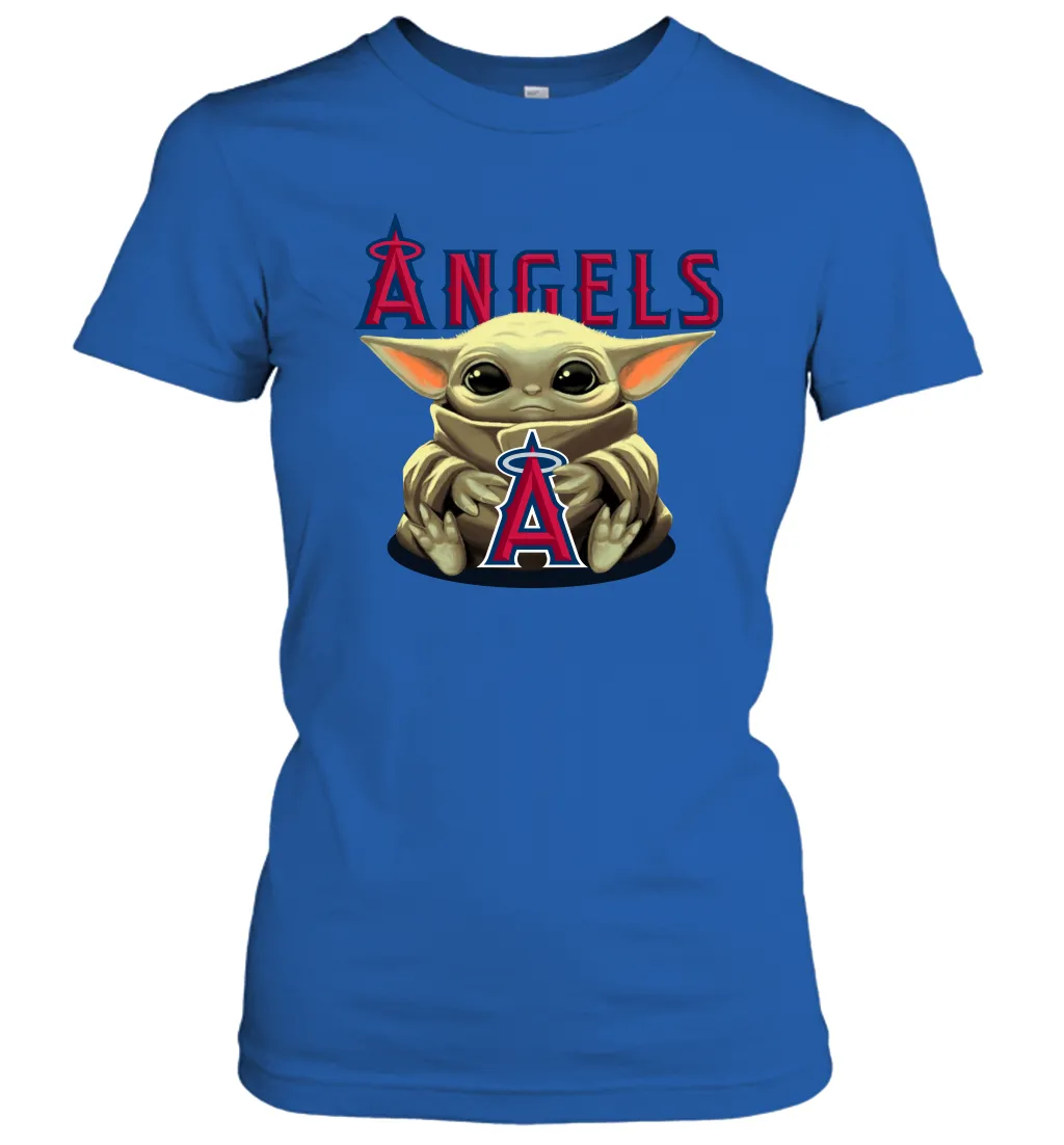 Baby Yoda Hugs Loves The Los Angeles Angels Baseball Womens T-Shirt