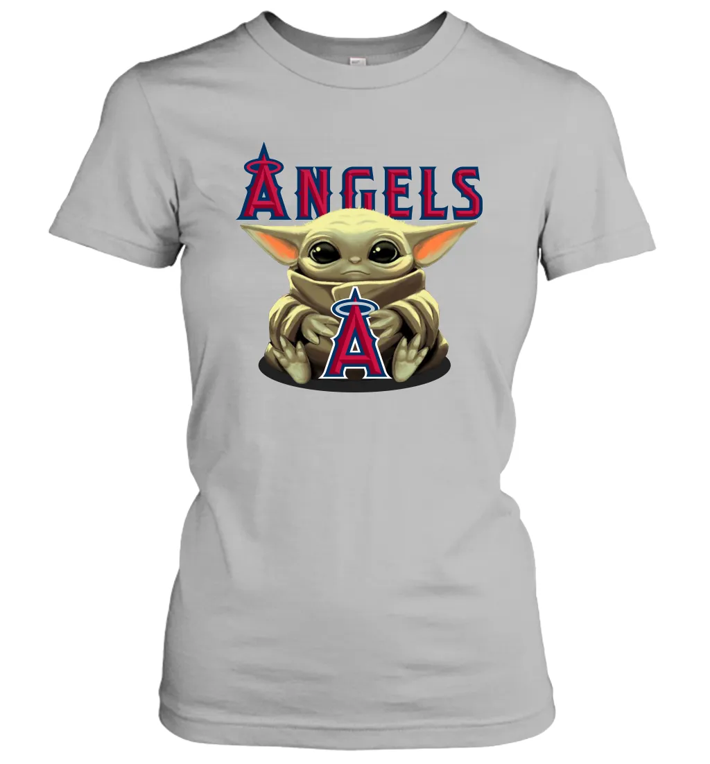 Baby Yoda Hugs Loves The Los Angeles Angels Baseball Womens T-Shirt