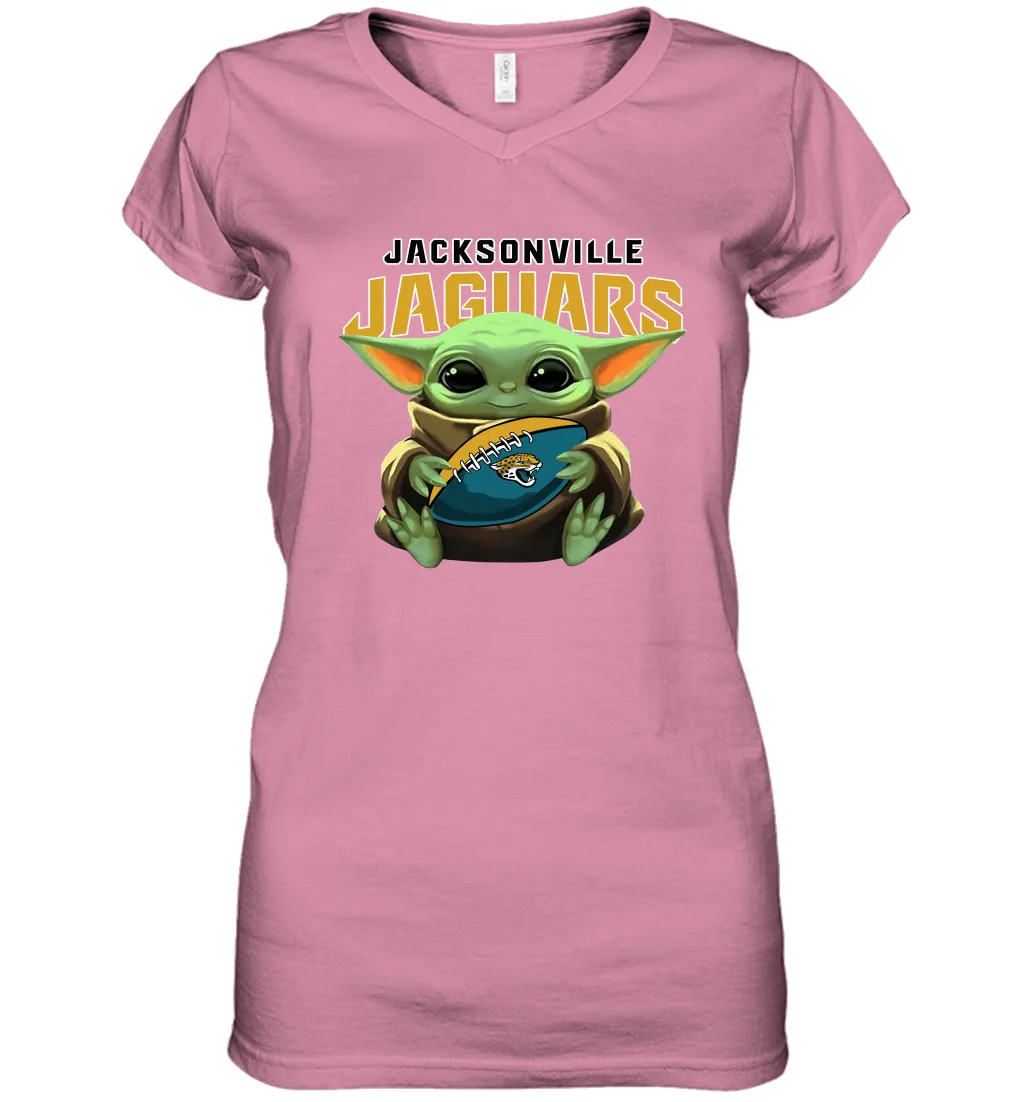 Baby Yoda Loves The Jacksonville Jaguars Star Wars Baby Yoda Hugs Jaguars NFL Womens V-Neck T-Shirt