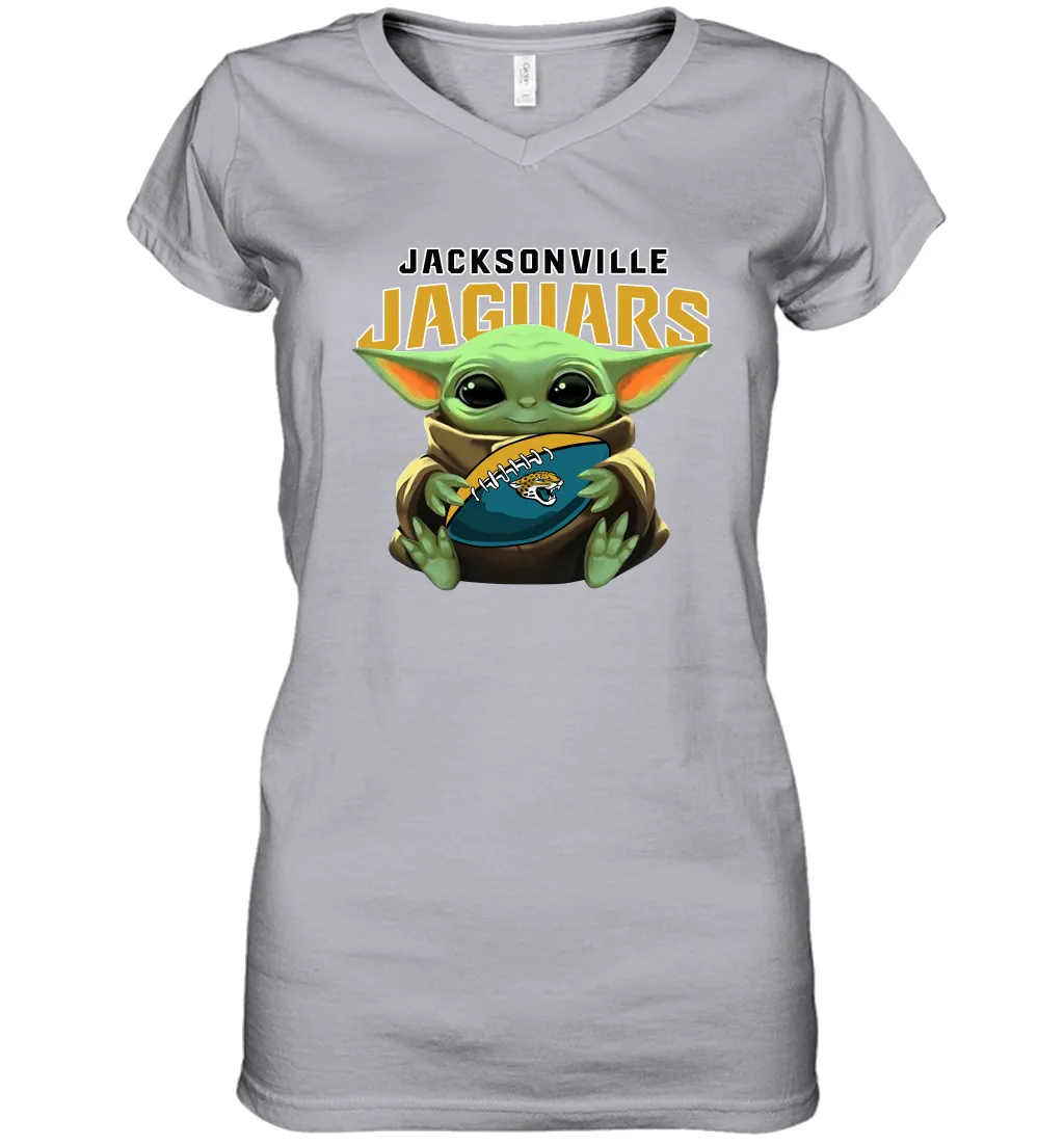 Baby Yoda Loves The Jacksonville Jaguars Star Wars Baby Yoda Hugs Jaguars NFL Womens V-Neck T-Shirt