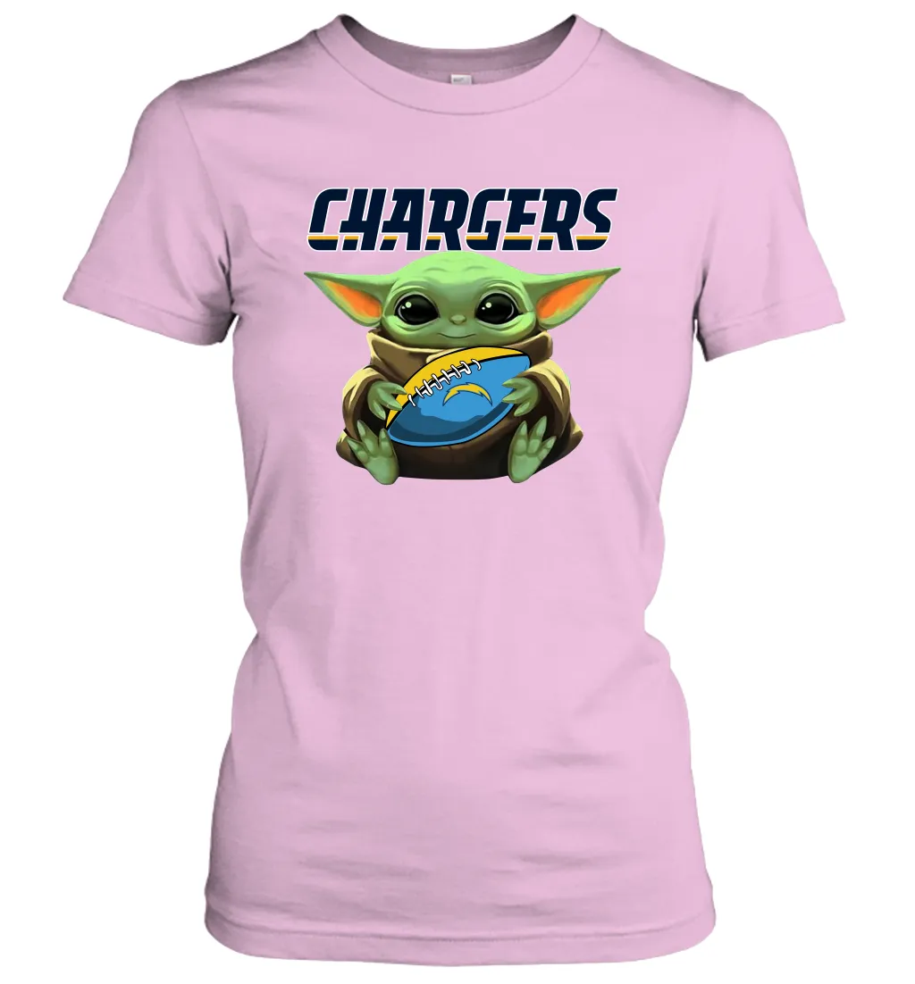 Baby Yoda Loves The Los Angeles Chargers Star Wars Baby Yoda Hugs Chargers NFL Womens T-Shirt