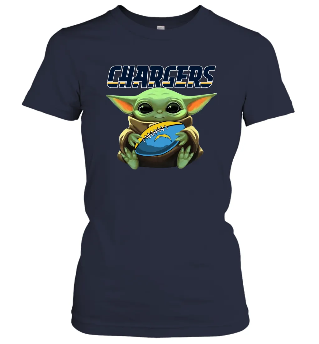 Baby Yoda Loves The Los Angeles Chargers Star Wars Baby Yoda Hugs Chargers NFL Womens T-Shirt