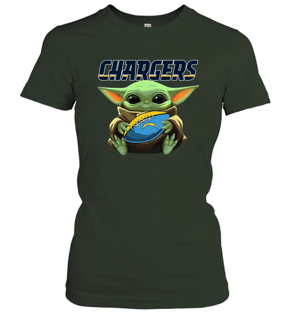 Baby Yoda Loves The Los Angeles Chargers Star Wars Baby Yoda Hugs Chargers NFL Womens T-Shirt