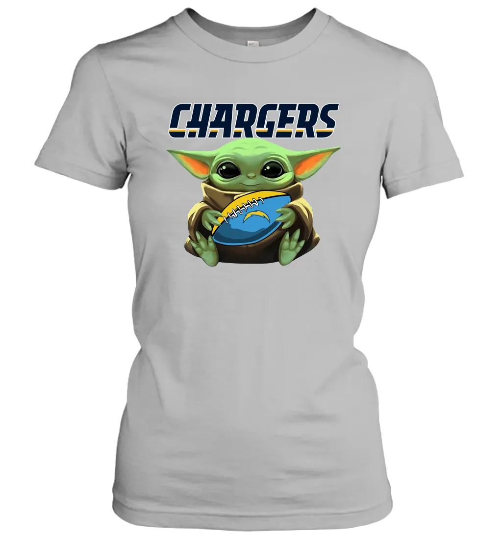 Baby Yoda Loves The Los Angeles Chargers Star Wars Baby Yoda Hugs Chargers NFL Womens T-Shirt