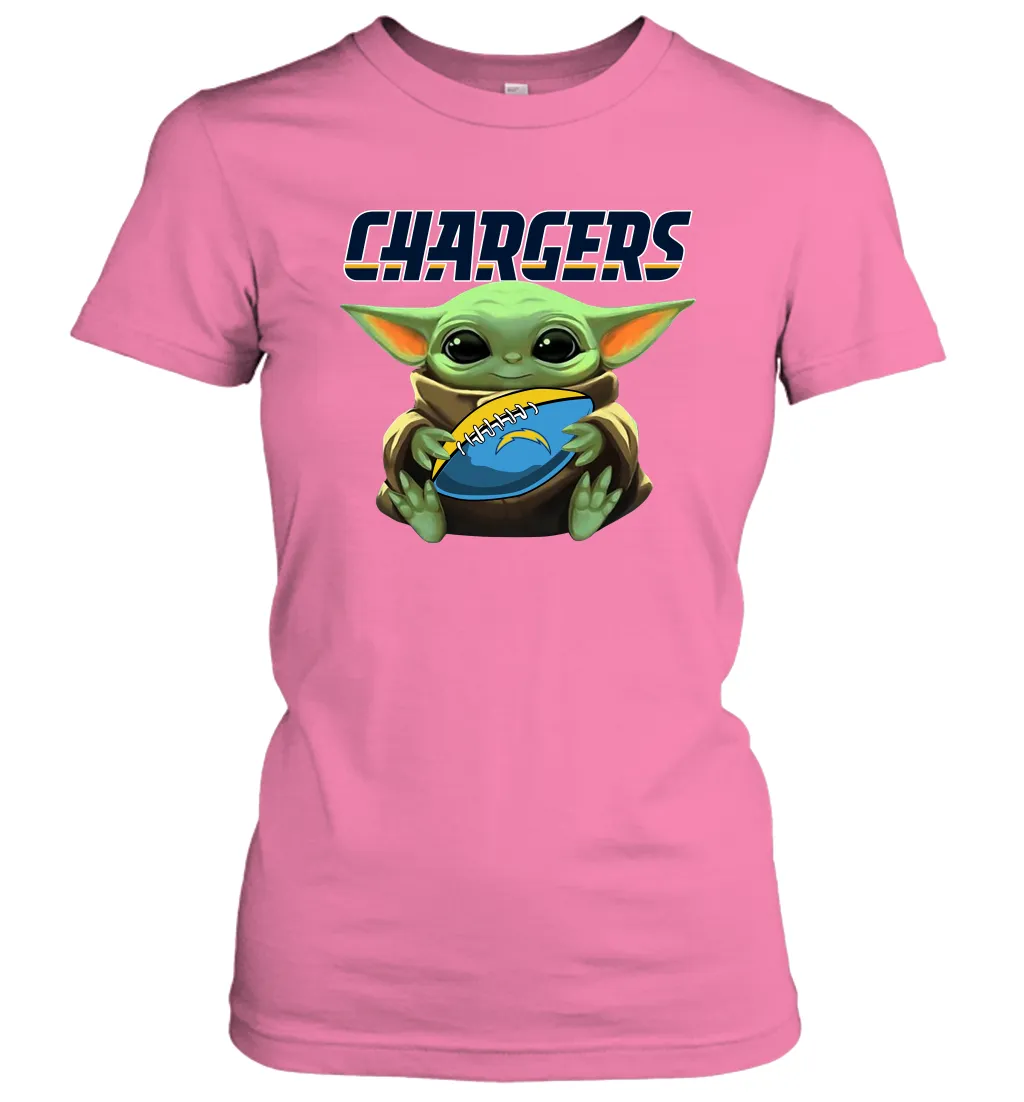 Baby Yoda Loves The Los Angeles Chargers Star Wars Baby Yoda Hugs Chargers NFL Womens T-Shirt