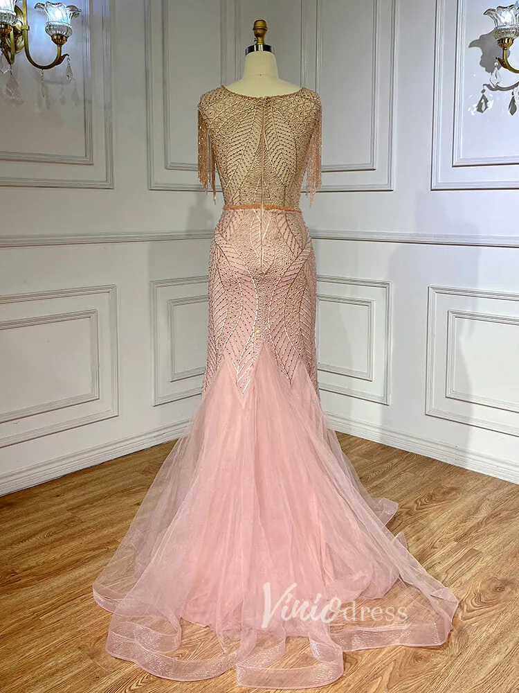 Beaded Pink Lace Mermaid Prom Dresses Red Pageant Dresses 20023