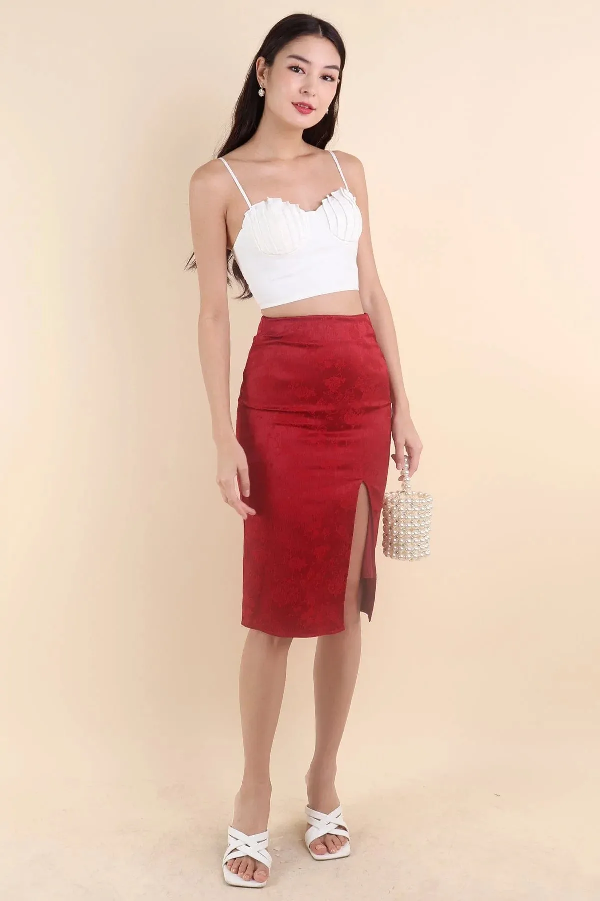 BLOSSOM EMBOSSED MIDI SKIRT IN WINE RED