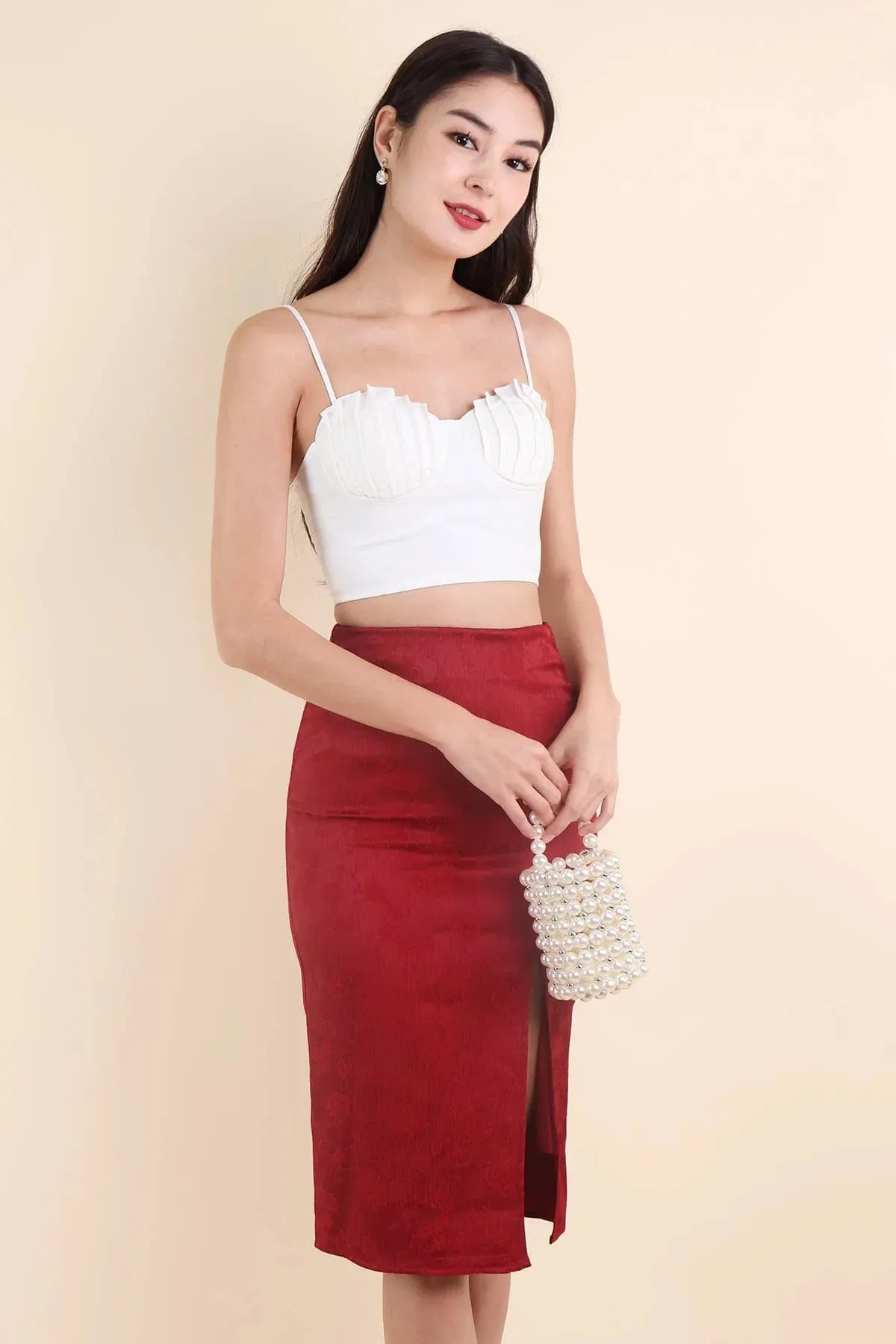 BLOSSOM EMBOSSED MIDI SKIRT IN WINE RED