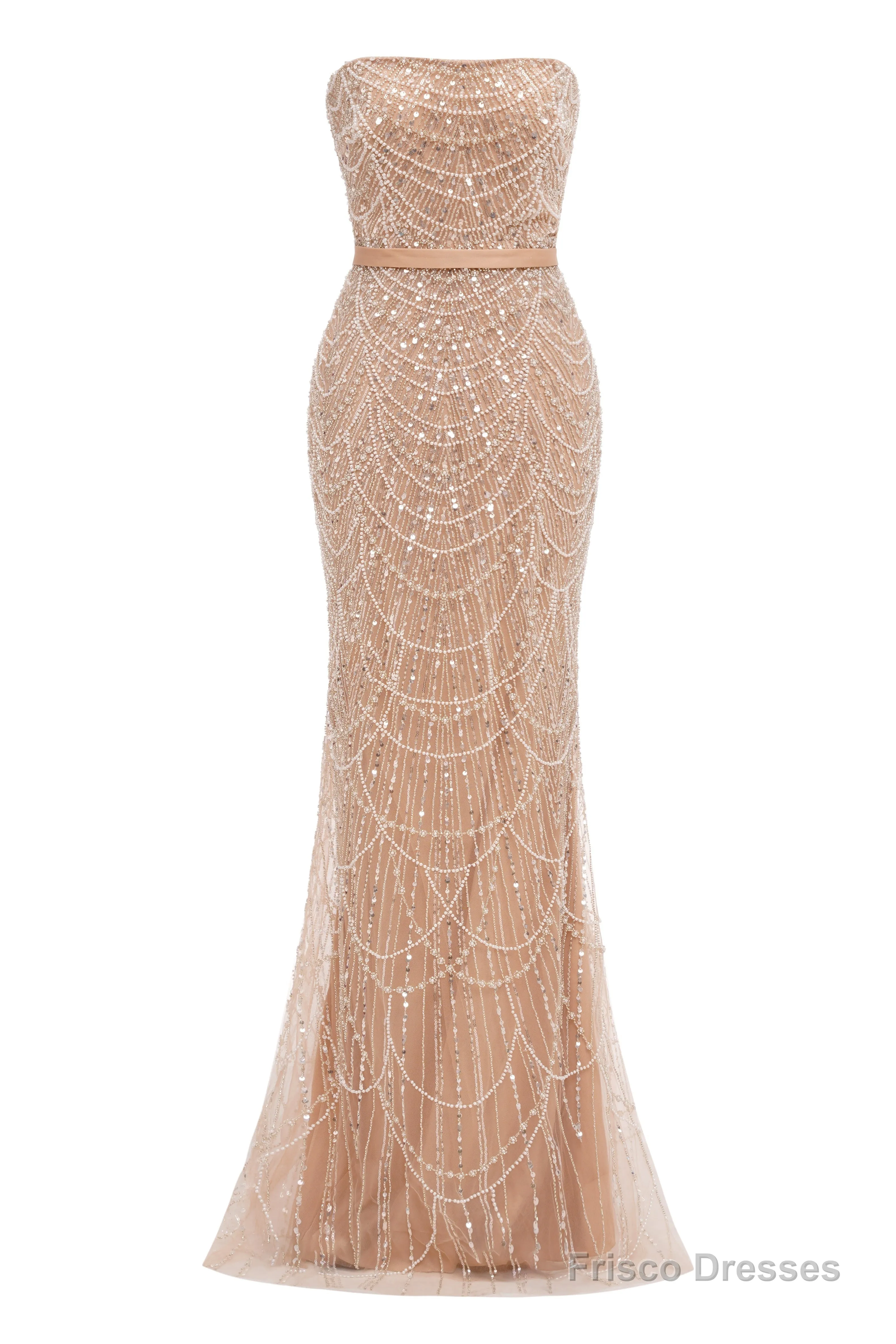Brown Beading Prom Dresses Sweep Train High Neck Zipper Sleeveless Evening Dresses