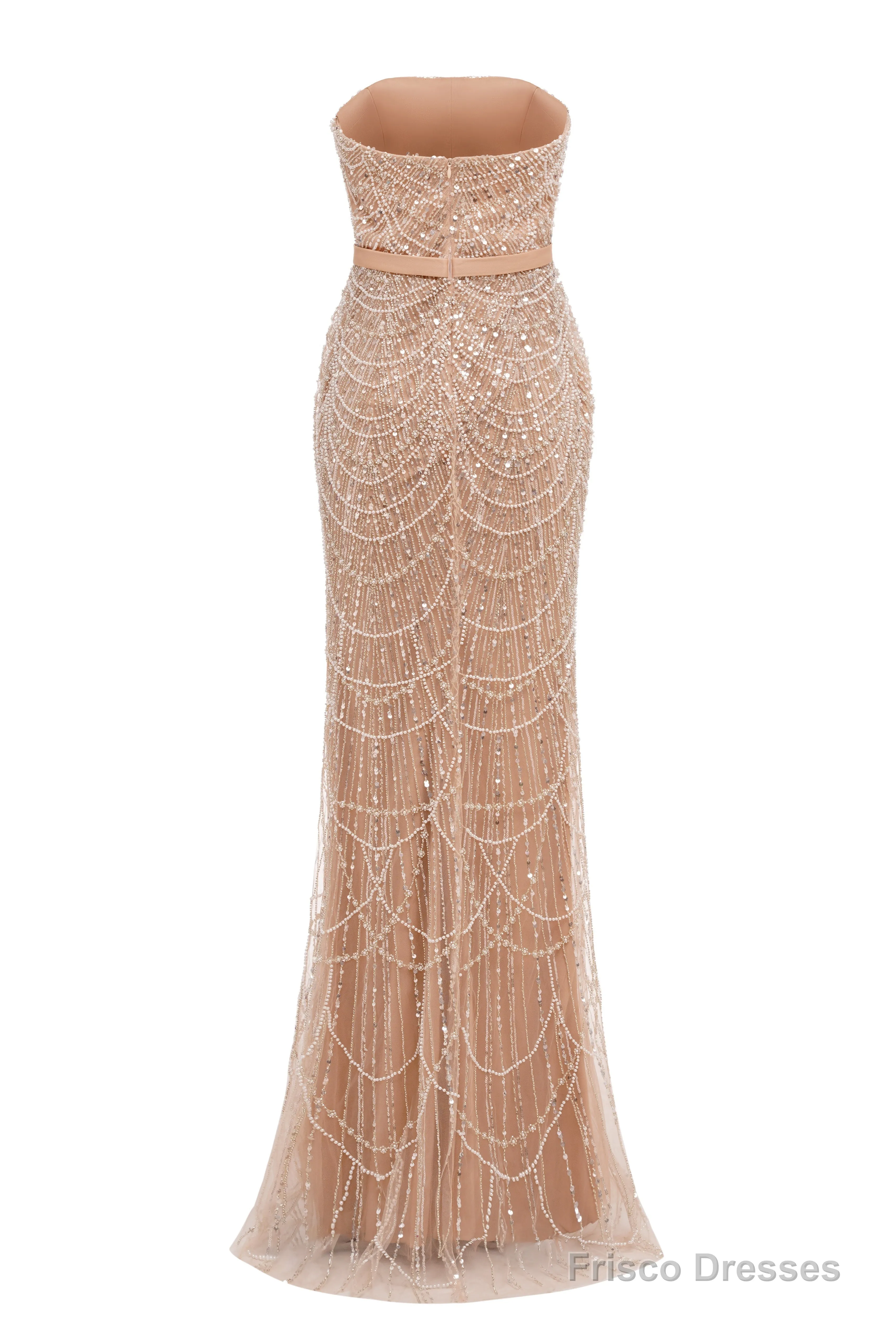 Brown Beading Prom Dresses Sweep Train High Neck Zipper Sleeveless Evening Dresses