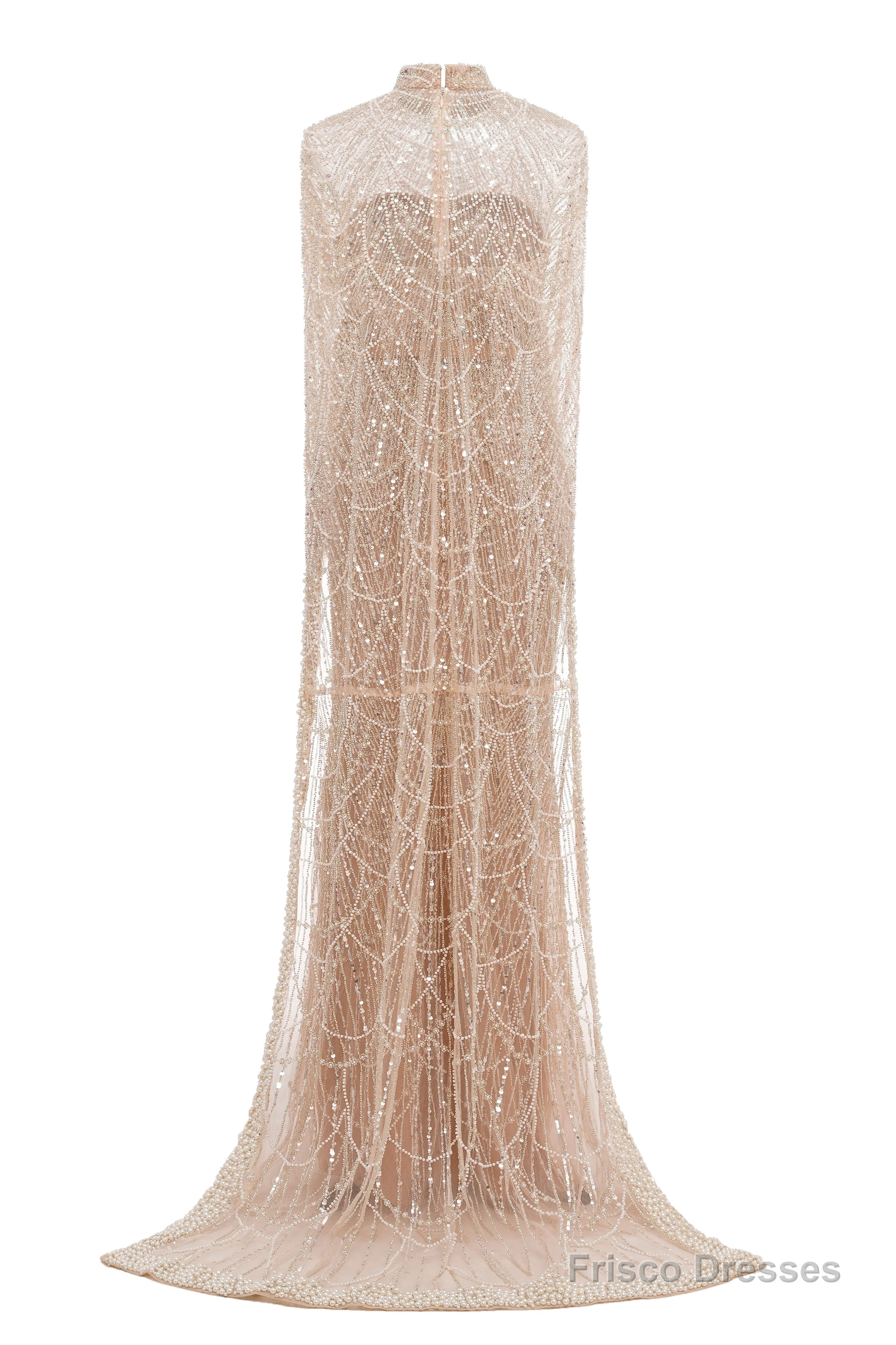 Brown Beading Prom Dresses Sweep Train High Neck Zipper Sleeveless Evening Dresses