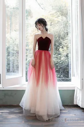 Burgundy Velvet Tulle Long Prom Dresses, A-Line Evening Dresses