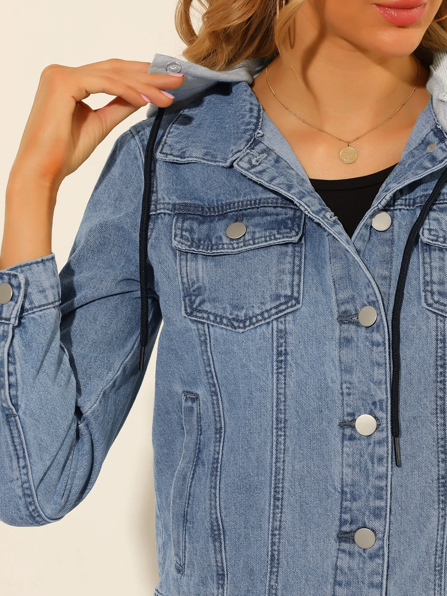 Button Up Drawstring Detachable Hoodie Denim Jackets