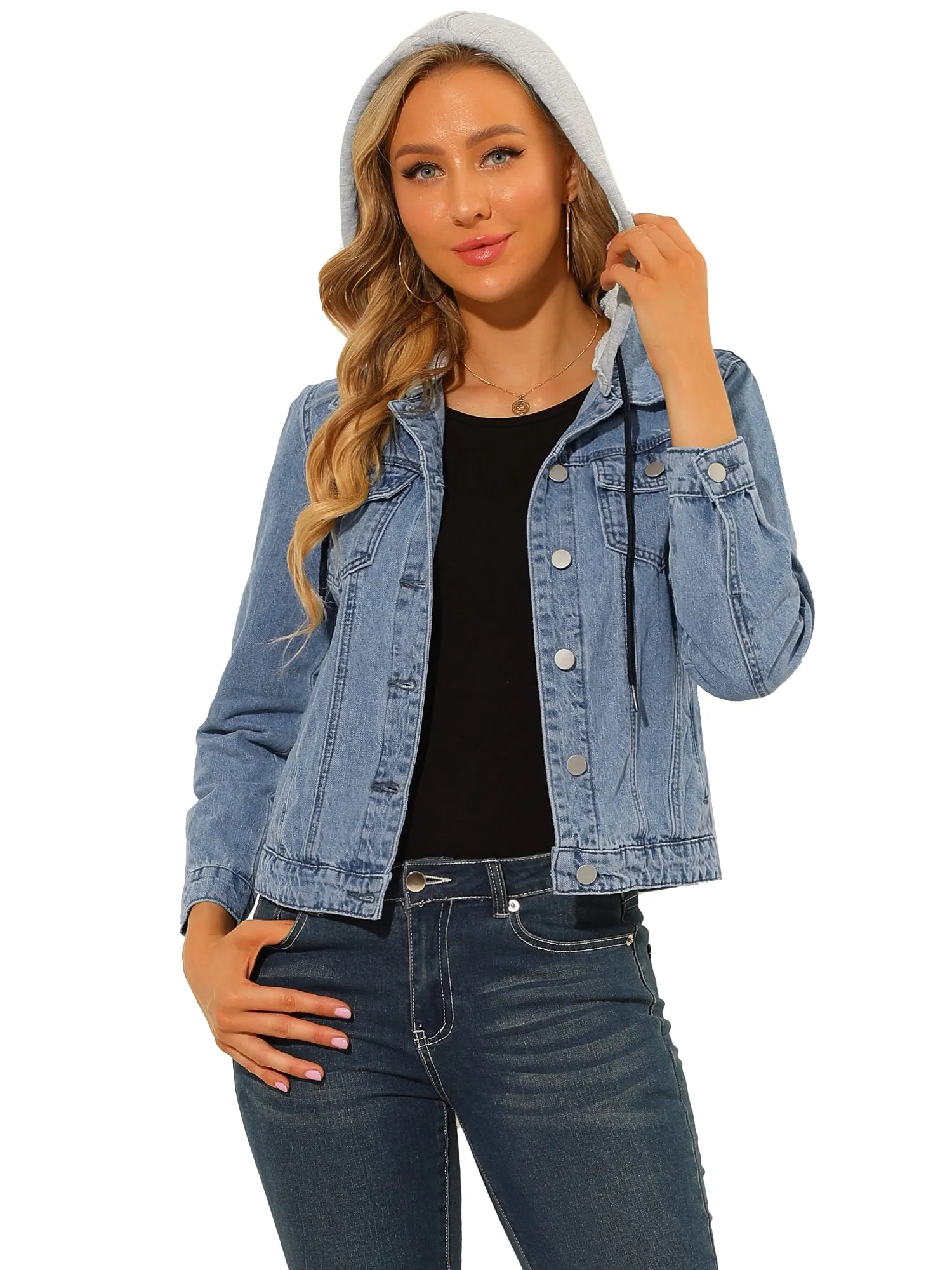 Button Up Drawstring Detachable Hoodie Denim Jackets