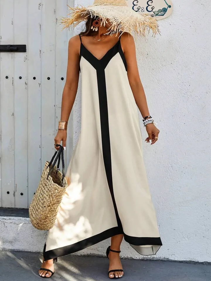 Color block sphagetti strap A-line dress in nude