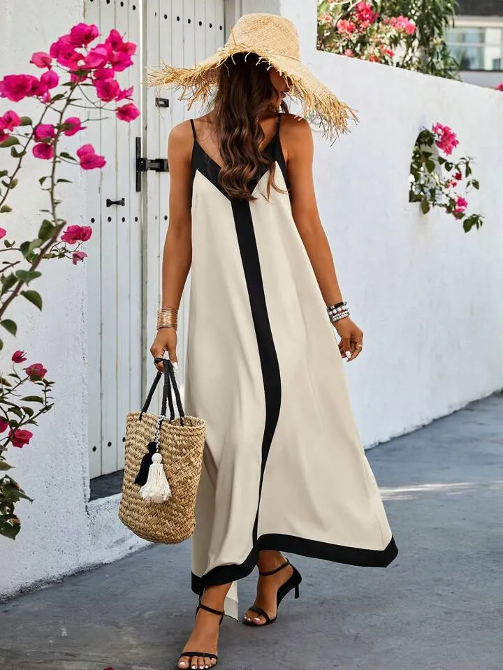 Color block sphagetti strap A-line dress in nude