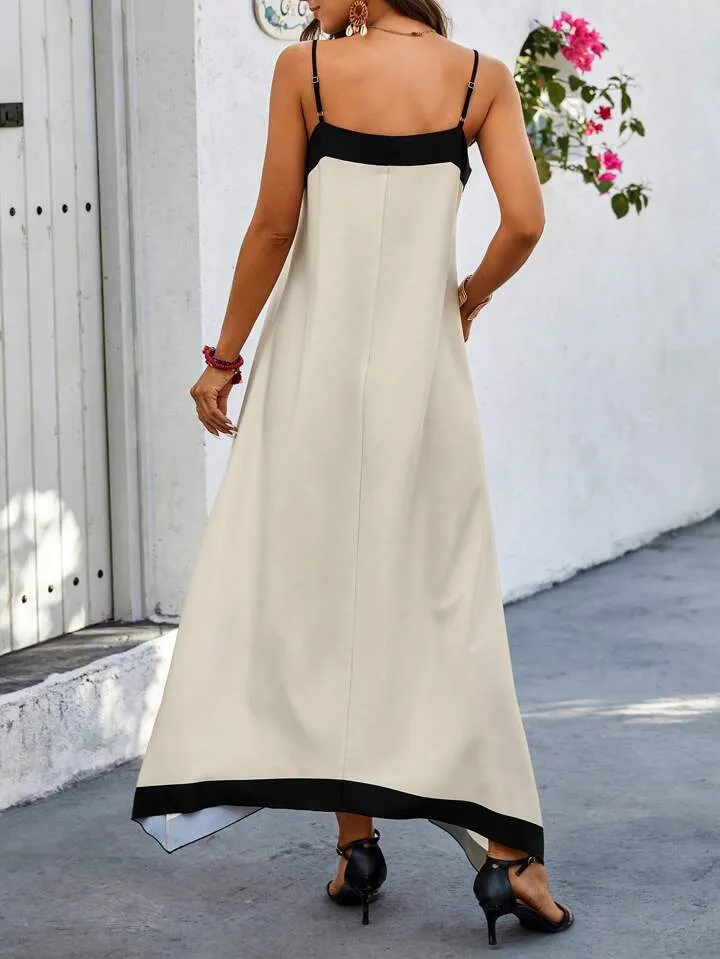 Color block sphagetti strap A-line dress in nude