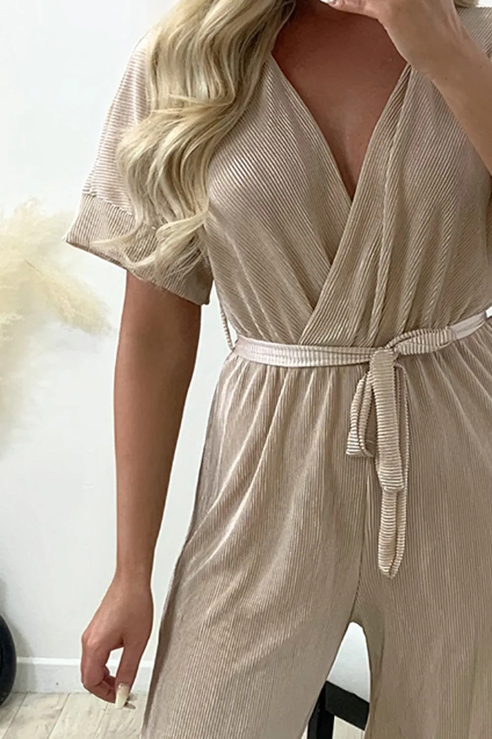 Danica Beige Tie Belt Wrap Plisse Wide Leg Jumpsuit