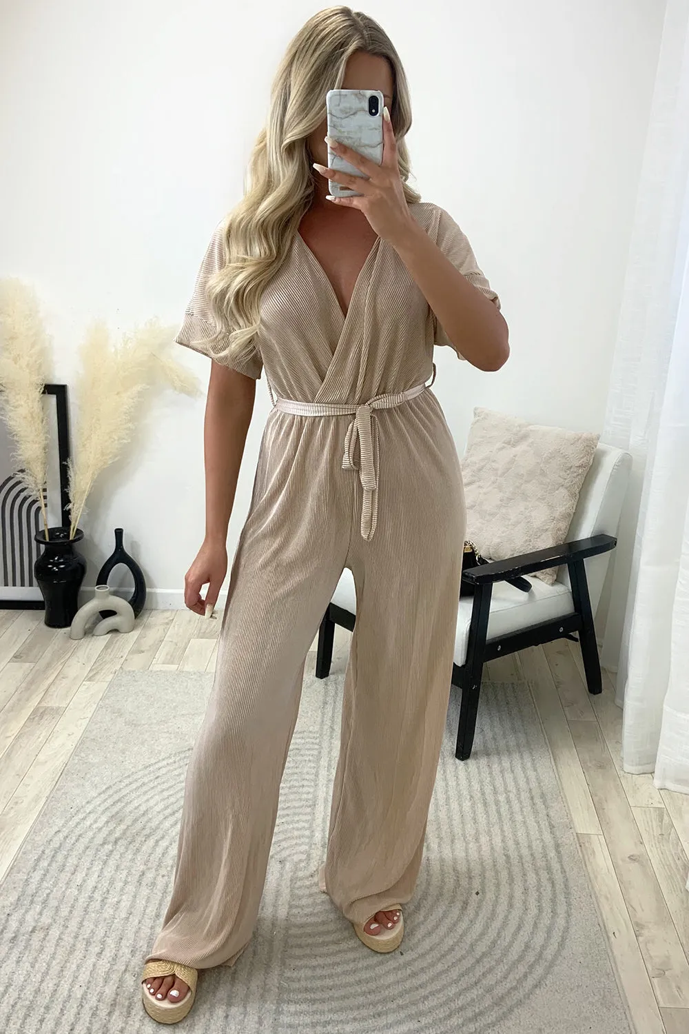 Danica Beige Tie Belt Wrap Plisse Wide Leg Jumpsuit