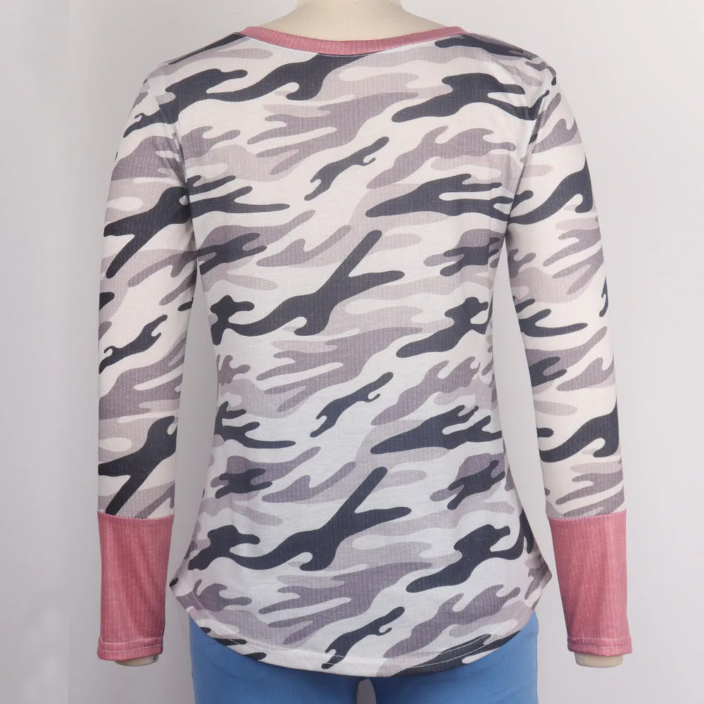 Fashion casual camouflage V-neck long sleeve T-shirt women