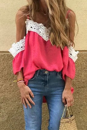 Fashion Elegant Patchwork Lace Contrast V Neck T-Shirts