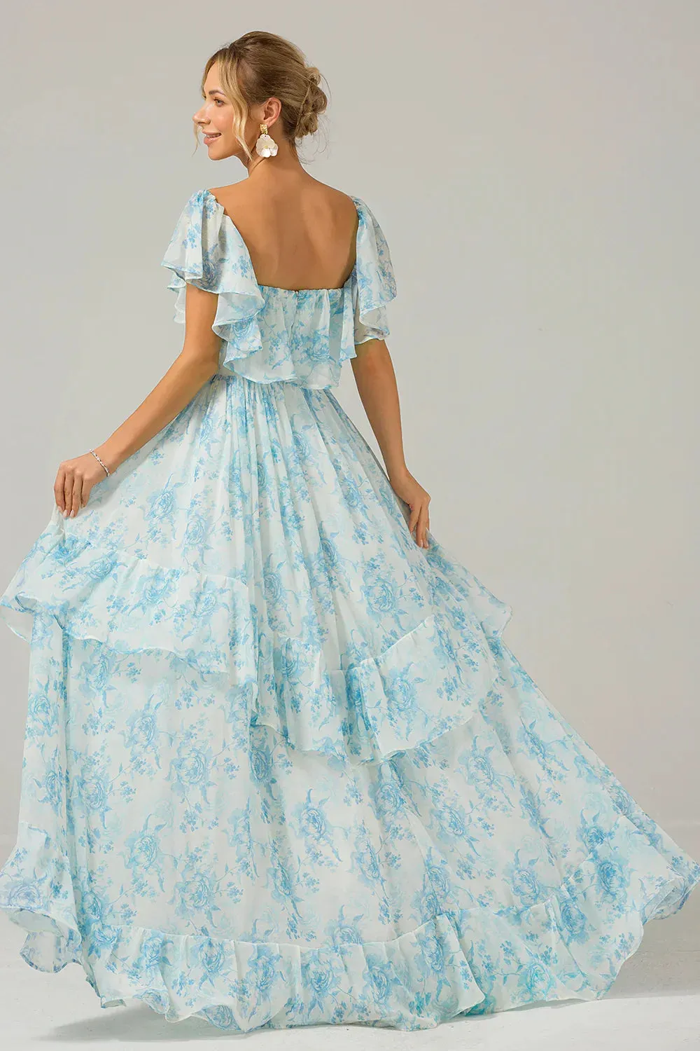Floral Print A Line Prom Dresses Off The Shoulder Tiered Maxi Dress White Blue