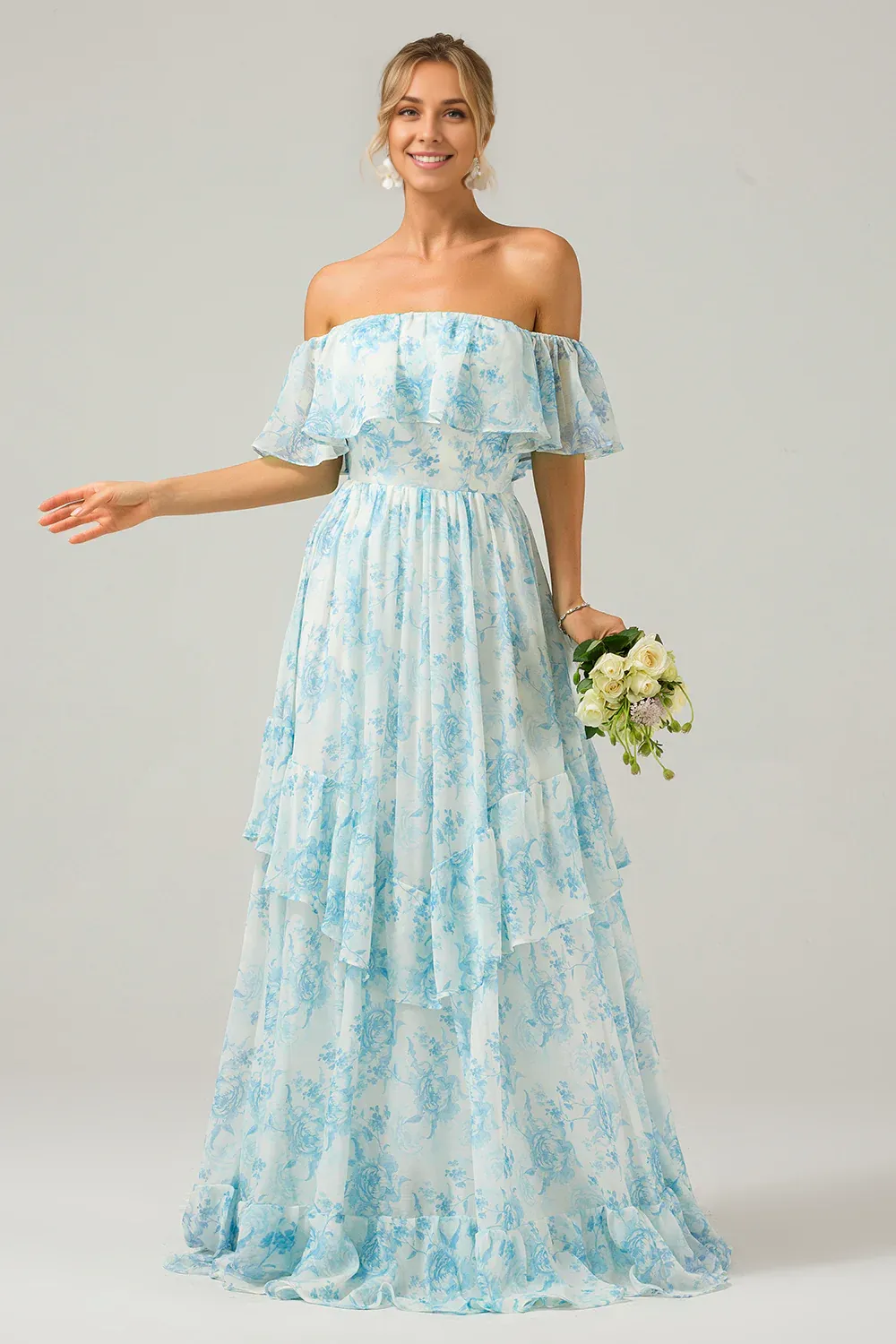 Floral Print A Line Prom Dresses Off The Shoulder Tiered Maxi Dress White Blue