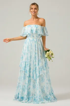 Floral Print A Line Prom Dresses Off The Shoulder Tiered Maxi Dress White Blue