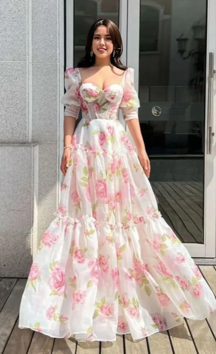 Formal Wear Dresses Floral Sweetheart A-Line Half Sleeves Chiffon Long Party Dress Prom Dresses Shops Formal Women's Dresses