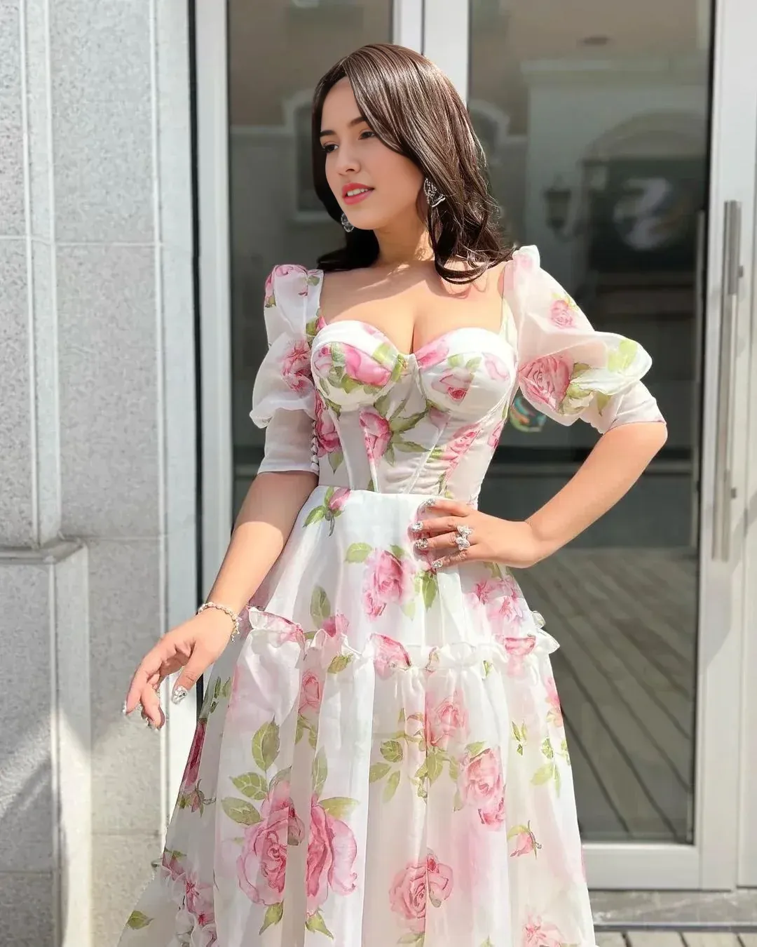 Formal Wear Dresses Floral Sweetheart A-Line Half Sleeves Chiffon Long Party Dress Prom Dresses Shops Formal Women's Dresses