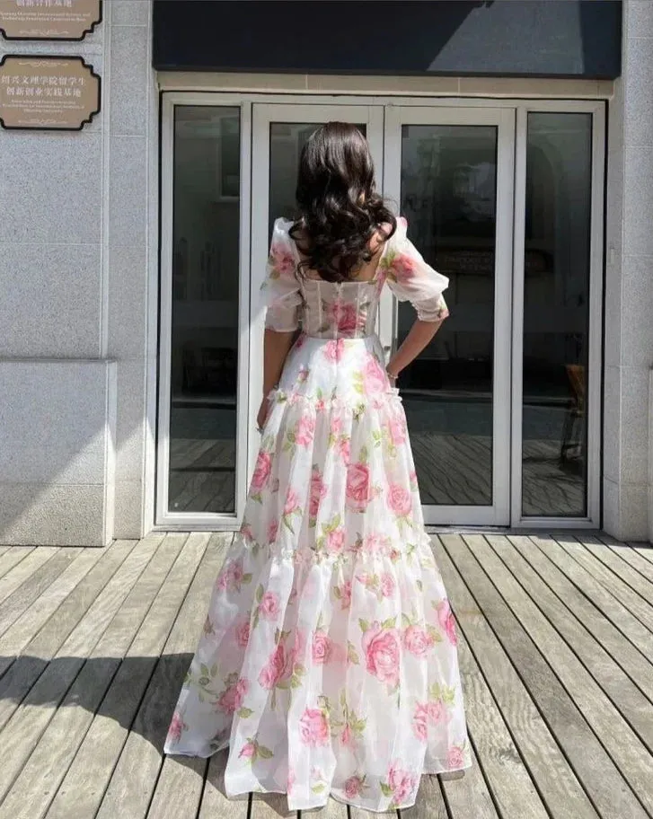 Formal Wear Dresses Floral Sweetheart A-Line Half Sleeves Chiffon Long Party Dress Prom Dresses Shops Formal Women's Dresses