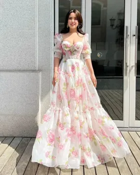 Formal Wear Dresses Floral Sweetheart A-Line Half Sleeves Chiffon Long Party Dress Prom Dresses Shops Formal Women's Dresses